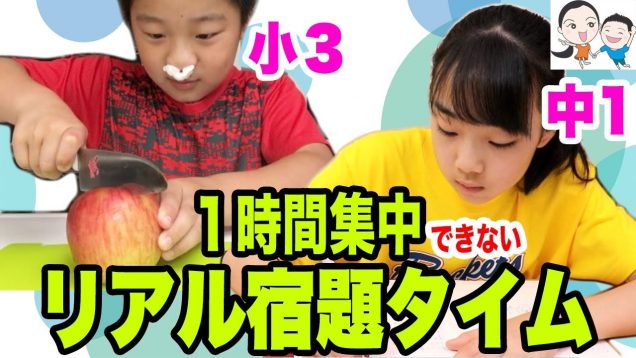 【学校の宿題】漢字＆算数＆皮むき？集中できなくて押し合いに?【ベイビーチャンネル】